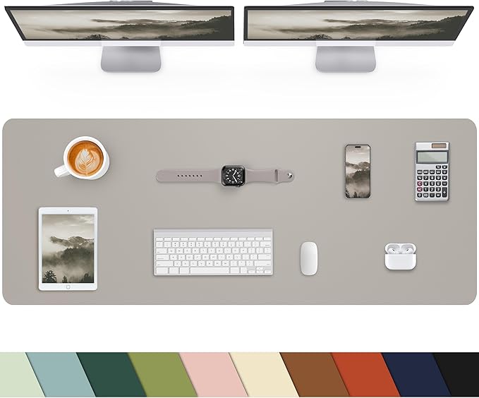 Leather Desk Pad & Protector, Large Mouse Pad & Blotter, Non-Slip PU Leather Desk Cover Mat, Light Grey, 48" x 17"
