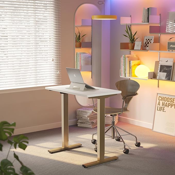 HUANUO 32" Small Electric Standing Desk Adjustable Height, 4 Memory Height Settings, Sit Stand Up Desk for Home Office & Computer Workstation, White and Gold Frame