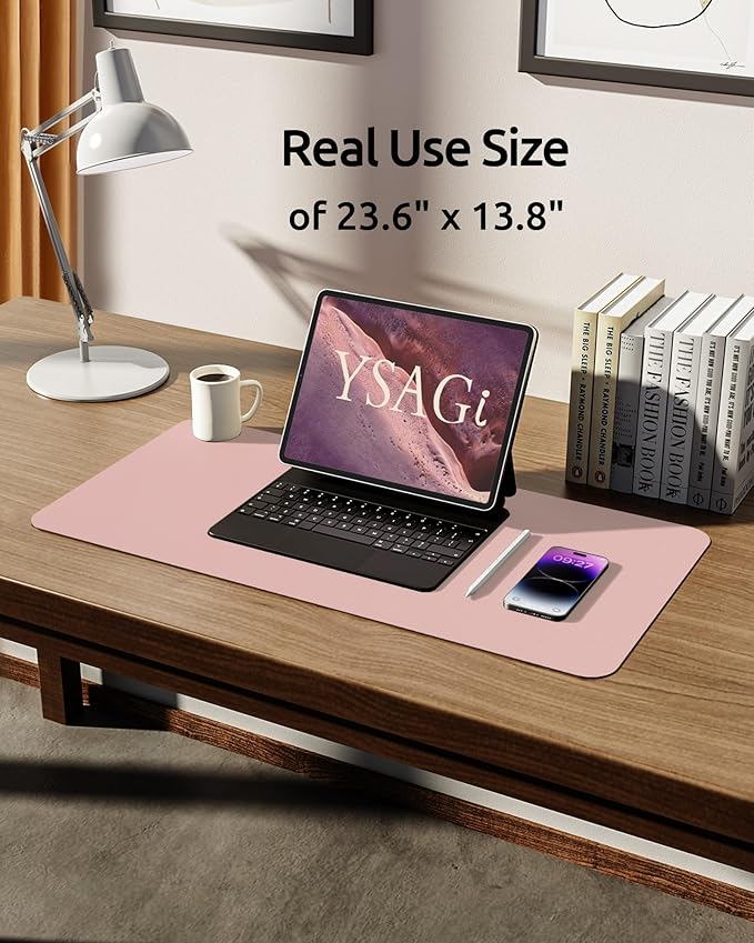 YSAGi Leather Desk Protector, Office Mat, Large Mouse Mat, Non-Slip PU Leather Blotter, Laptop Pad, Waterproof Writing Pad for Office and Home (Light Pink, 23.6" x 13.8")