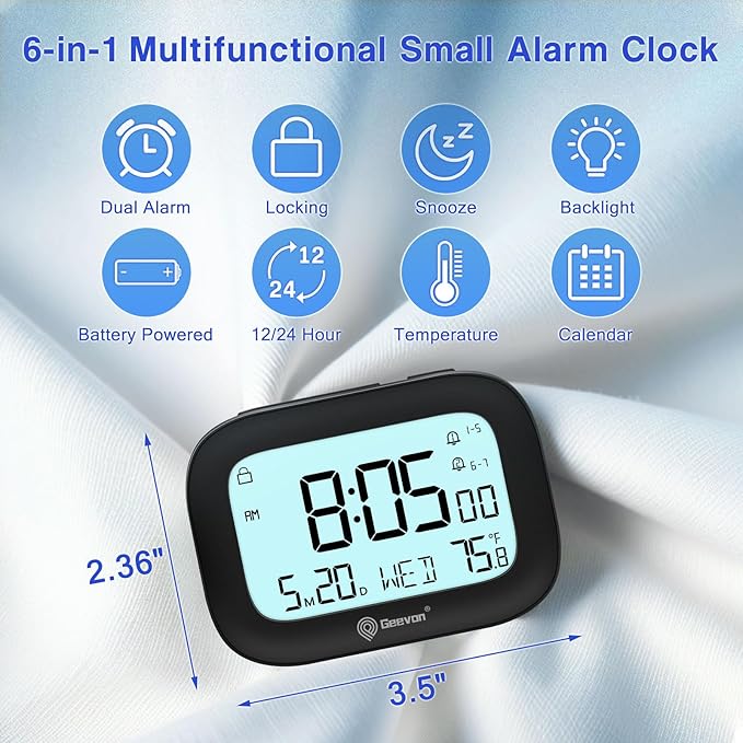 Geevon Small Travel Alarm Clock, Digital Alarm Clocks for Bedrooms Home Office, Battery Operated Desk Clock with 3 Inch Large Display, 2 Alarms, 5s Backlight, Snooze, Indoor Temperature, Black
