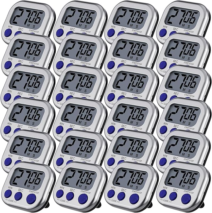 Leumoi 24 Pcs Digital Kitchen Timers Magnetic Back Timers Bulk Large Screen Loud Alarm On/Off Switch Minute Second Count up Countdown Memory Setting for Cooking Classroom Exercise (Sliver and Blue)
