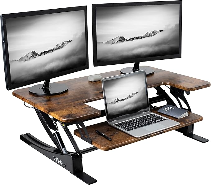 VIVO 36 inch Height Adjustable Stand Up Desk Converter, V Series, Quick Sit to Stand Tabletop Dual Monitor Riser Workstation, Rustic Vintage Brown Top, Black Frame, DESK-V000VN