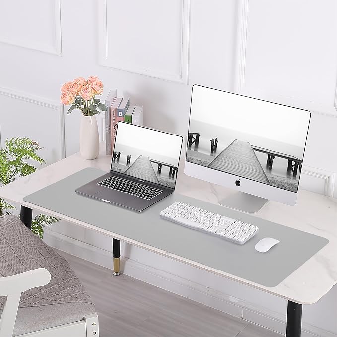 Leather Desk Protector, 47in*23.7in Large Mat with Natural Cork & PU Leather, Mouse Pad, Non-Slip Office Mat, Waterproof Writing Pad for Office and Home (Light Grey)