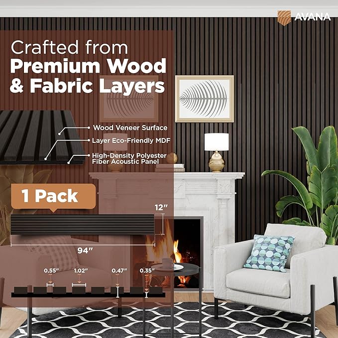 Avana Modern Acoustic Wood Wall Panels – 94.4 x 12.6 Inch Smoke Oak Acoustic Panels 1 PC – Wall Panels For Interior Wall Decor For Homes, Offices, Studios – Sturdy & Durable Wood Panels For Wall