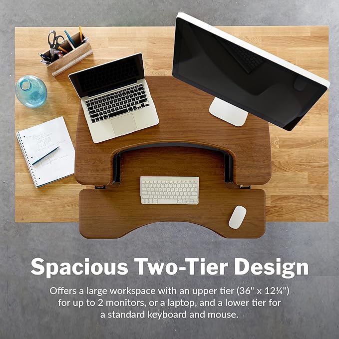 Vari VariDesk Pro Plus 36 Standing Desk Converter – 11 Height Settings + Spring Lift, 2 Tier Design, Keyboard Tray, Fits Desktops 36” Wide x 26.5" Deep – Delivers Fully Assembled (Walnut)