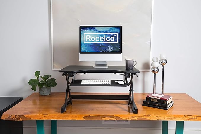 Rocelco 32" Height Adjustable Standing Desk Converter - Sit Stand Computer Workstation Riser - Dual Monitor Retractable Keyboard Tray Gas Spring Assist - Black (R EADRB2)