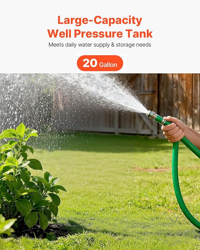 VEVOR 20-Gallon Vertical Well Pressure Tank, Pre-Charged Pressurized Water Tank for Well Pumps, Heavy-Duty Carbon Steel Water Storage Container for Home, School, Farm & Irrigation Systems