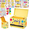 Mifoci 8 Pcs Wooden Pencil Dispenser Kit for Classroom Wooden Pen Holder Straw Dispenser Sharp and Dull Letter Stickers for Teachers Classroom Supplies Storage (Yellow)