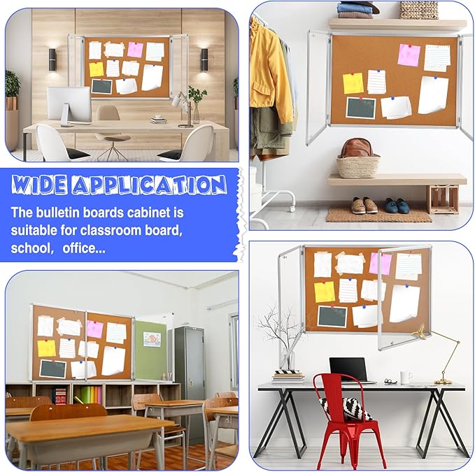 Enclosed Bulletin Board 48" x 36" Weather Resistant Lockable Notice Cork Display Board Wall Mounted 2 Locking Door for School Classroom Commercial Christmas, 12 x A4(Brown, Silver Frame)