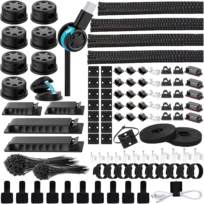 ELII 328Pcs Cable Management Kit, 8 Magnetic Cable Holder,69Adhesive Cable Clips,4 Cable Sleeve Split,22Reusable Cable Strap,200 Nylon Cable Zip Ties with 25 Mounts TV Office (Black)