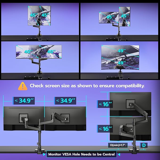 ARES WING Dual Monitor Arm Desk Mount for 17-49 Inch Ultrawide Monitors, Heavy Duty Dual Monitor Mount Holds 44 lbs, Full Motion Gas Spring Vertical Stacked Monitor Mount, 75/100 VESA Mount, Black