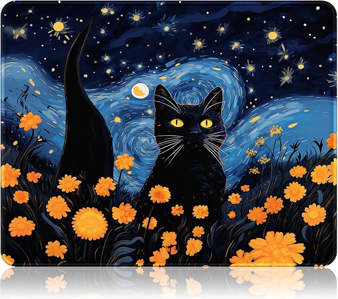 Auhoahsil Mouse Pad, 12 x 10 in Van Gogh Style Cat Theme Computer Mouse Pad for Desk, Premium-Textured Non-Slip Rubber Stitched Edges Waterproof Square Mouse Mat for Gaming Work Wireless Mice