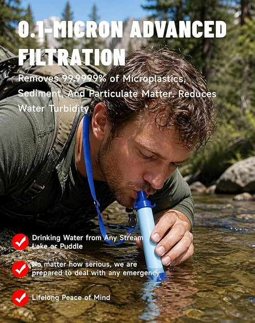 Water Filter, Lightweight Portable Water Filter Straw (3) | Emergency Survival Filtration System, Personal Water Purifier, Includes 480ml Reservoir & Tube, for Hiking, Camping, Travel