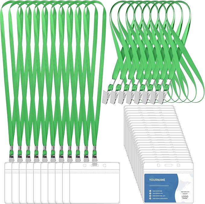 100 Pcs Lanyards for ID Badges and 100 Pcs Clear Name Tag Holders Reusable Lanyard with Clip Plastic ID Card Badge Holder Name Badges for Adults Kids Business School Office Supplies (Green)