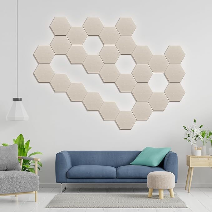 Hexagonal Acoustic Panels-12 Pack High-Density Sound Absorbing Panels 12"X10"X0.4" for Enhanced Noise Reduction, DIY Design, Idea for Studios, Offices, and Home Theaters(Light Camel)