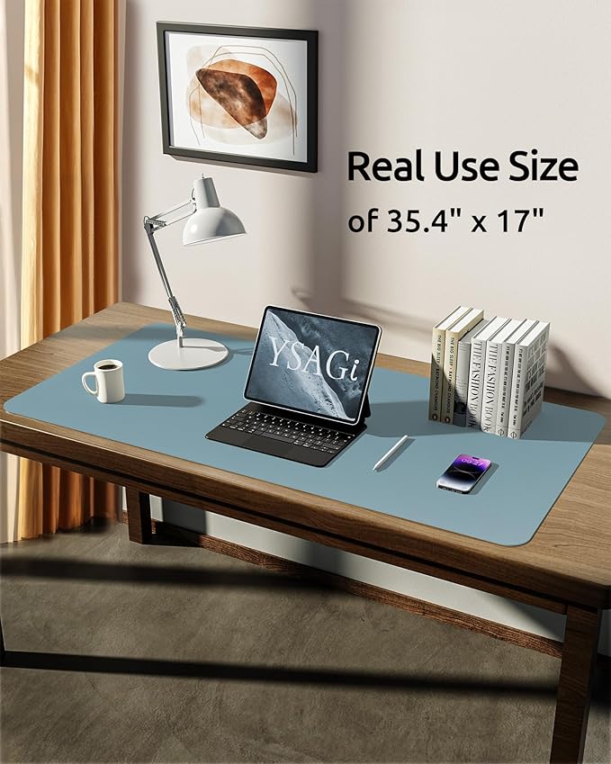 YSAGi Leather Desk Protector, Office Mat, Large Mouse Mat, Non-Slip PU Leather Blotter, Laptop Pad, Waterproof Writing Pad for Office and Home (Ice Blue, 35.4" x 17")