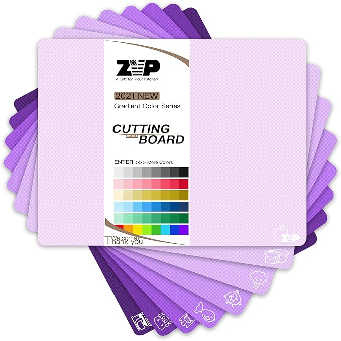 ZVP Plastic Cutting Boards for Kitchen, Flexible Cutting Mats, Gradient Purple Chopping Boards with Food Icon, Non-Slip, Non Porous, BPA Free, Dishwasher Safe