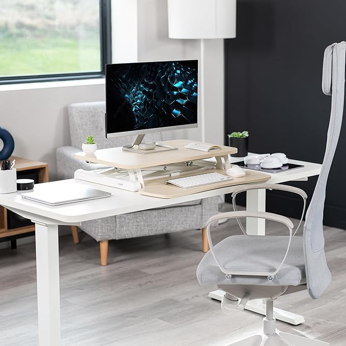 VIVO 26 inch Desk Converter, K Series, Height Adjustable Sit to Stand Riser, Dual Monitor and Laptop Workstation with Keyboard Tray, Light Wood Top, White Frame, DESK-V026KF