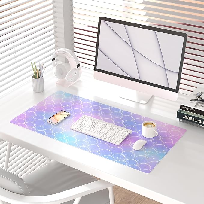 QIYI Multifunctional Office Desk Pad, Water-Resistant PU Leather Mouse Pad, Home Décor Large Desk Organizer Mat, Non Slip Base Writing Pads for Home & Office 31.5" x 15.7" - Mermaid Scales