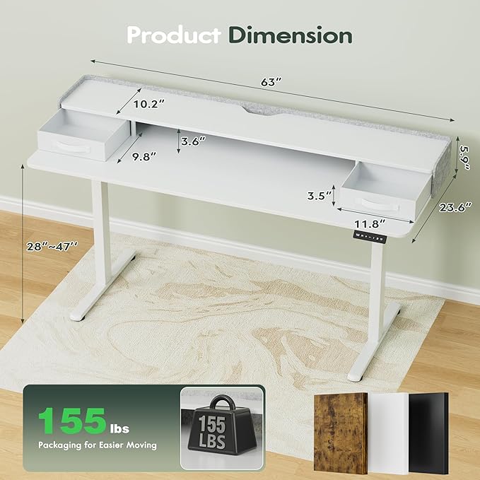 Homall Electric Standing Desk with 2 Drawers, Adjustable Height Computer Desk with Monitor Shelf Sit Stand Table with Splice Board Quick Install for Home Office (White, 63 Inch)