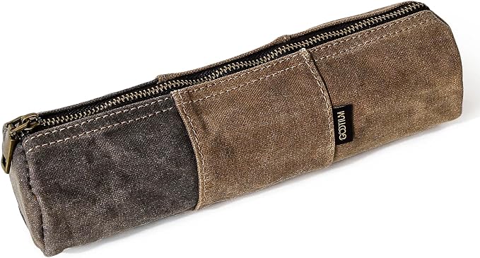 GOOTIUM Waxed Canvas Pencil Pouch - Vintage Zippered Stationery Organizer for Pens, Pencils, and Accessories Handmade Multi-Purpose Utility Case, Tan