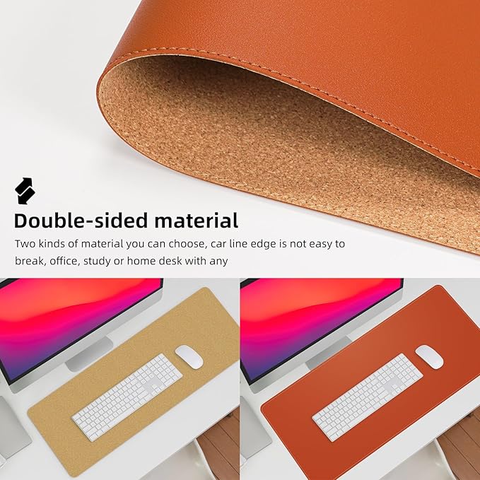 AFIING Leather Desk pad Protector, Large Desk mat with Natural Cork & PU Leather,Mouse pad,Non-Slip Office Desk Mat,Waterproof Desk Writing Pad for Office and Home (47in*23in, Orange)