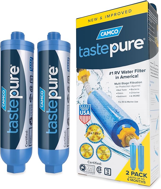Camco Tastepure RV Water Filter - Advanced 6-Step Patent-Protected Filtration - Camping Essentials for Fresh Drinking Water - 2-Pack of RV Inline Water Filters, Made in USA (40045)
