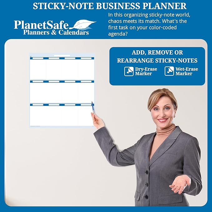 Sky Blue 12 Section Task, Objective and Goals Planning System Vertical 24" Tall x 18" Wide. Wall Tray, Dry-Erase Marker, Eraser and 600 Sticky-Notes