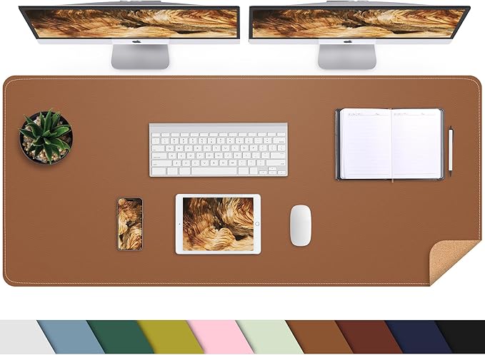 Leather Desk pad Protector, Large Desk mat with Natural Cork & PU Leather,Mouse pad,Non-Slip Office Desk Mat,Waterproof Desk Writing Pad for Office and Home (47in*17in, Brown)