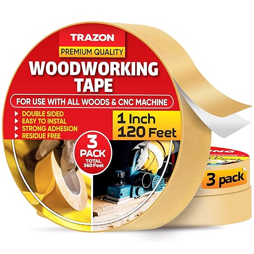 Trazon Double Sided Woodworking Tape Super Strong, 3 Pack, 1 Inch x 120 Feet, Wood Crafter Sticky Tool, Two Side Adhesive for Router Templates and CNC Machine, Removable & Residue Free
