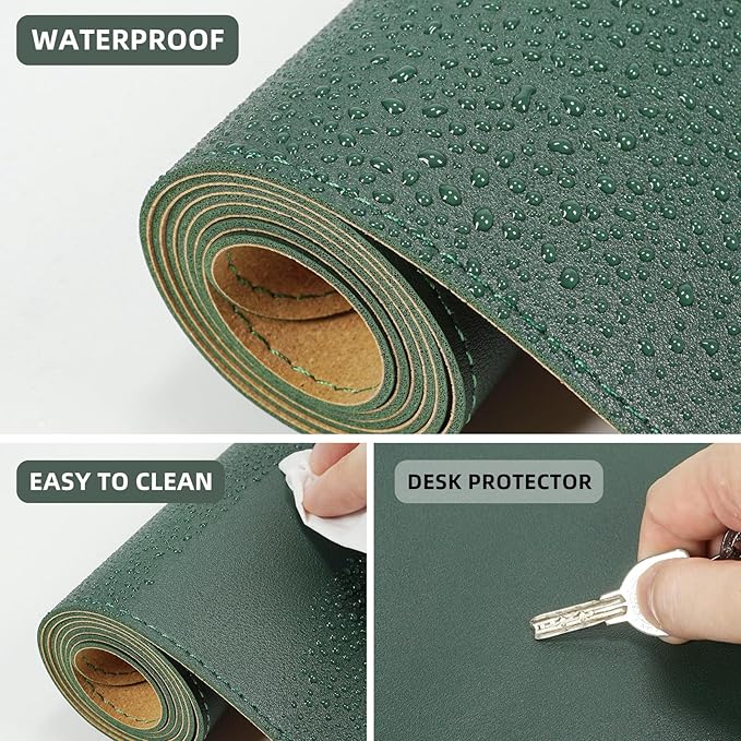 AFIING Leather Desk pad Protector, Large Non-Slip Office Desk Mat with Natural Cork & PU Leather, Waterproof Writing Mouse Pad for Office and Home (55in*17in,Dark Green)