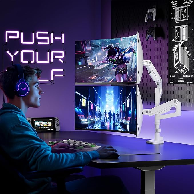 ARES WING Dual Monitor Arm Desk Mount for 17-49 Inch Ultrawide Monitors, Heavy Duty Dual Monitor Mount Holds 44 lbs, Full Motion Gas Spring Vertical Stacked Monitor Mount, 75/100 VESA Mount, White