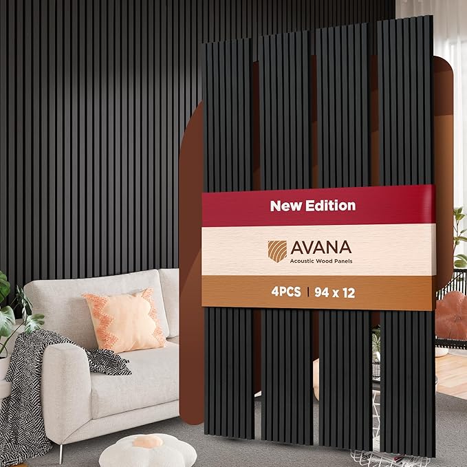 Avana Acoustic Wood Wall Panels – 94.4 x 12.6 Inch Black Oak Acoustic Panels 4 PCs – Wall Panels For Interior Wall Decor For Homes, Offices, Studios – Pleasing Decorative Wood Panels For Wall