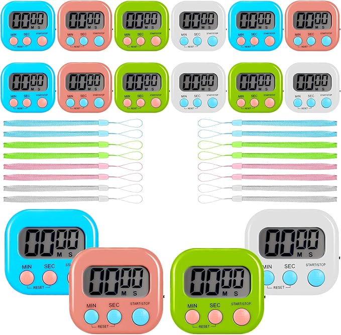 Flutesan 16 Pack Digital Classroom Timers with Lanyards - Color-Coded Countdown Timers for Teachers, Students & Kitchen Use - Loud Alarm, Easy Operation(White, Blue, Pink, Green)