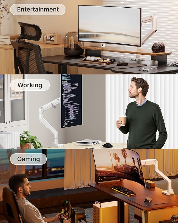 monTEK Single Monitor Arm with USB A/C, Ultrawide Monitor Stand for 17 to 57 Inch Curved Screen, Holds 59.4 lbs, Adjustable Gas Spring Arm, 75/100 VESA Mount, Clamp & Grommet Desk Mount, White