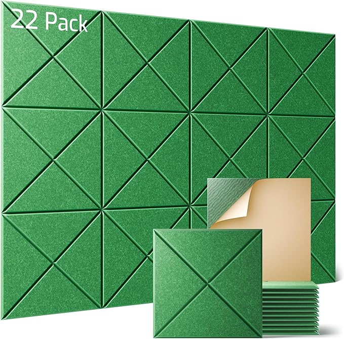 Sonicism 22 Pack X-Lined Acoustic Panels with Self-Adhesive, 12"X 12"X 0.4" Sound Proof Foam Panels, Decorative Soundproof Wall Panels, Sound Absorbing Tile for Home & Offices, Forest Green