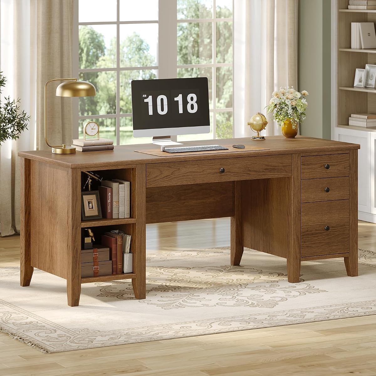 Solid Pine Wood Computer Desk, 58'' Executive Home Office Desk with 4 Wood Drawers and Storage Shelves for Work Study Writing, Brown