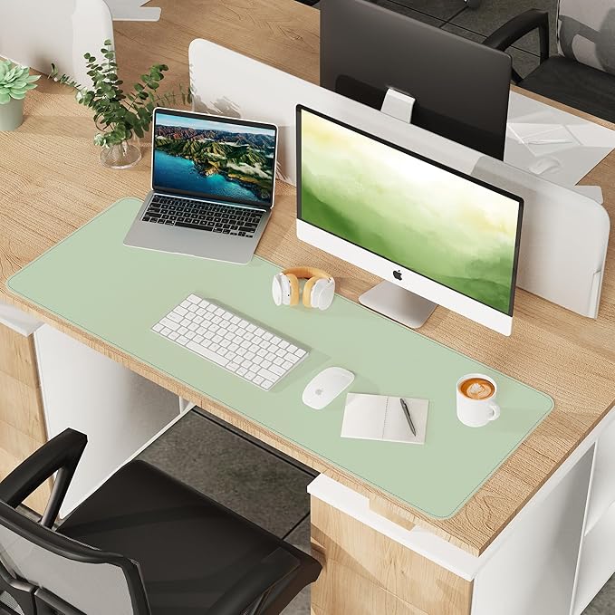 Leather Desk pad Protector, Large Desk mat with Natural Cork & PU Leather,Mouse pad,Non-Slip Office Desk Mat,Waterproof Desk Writing Pad for Office and Home (47in*17in, Light Green)