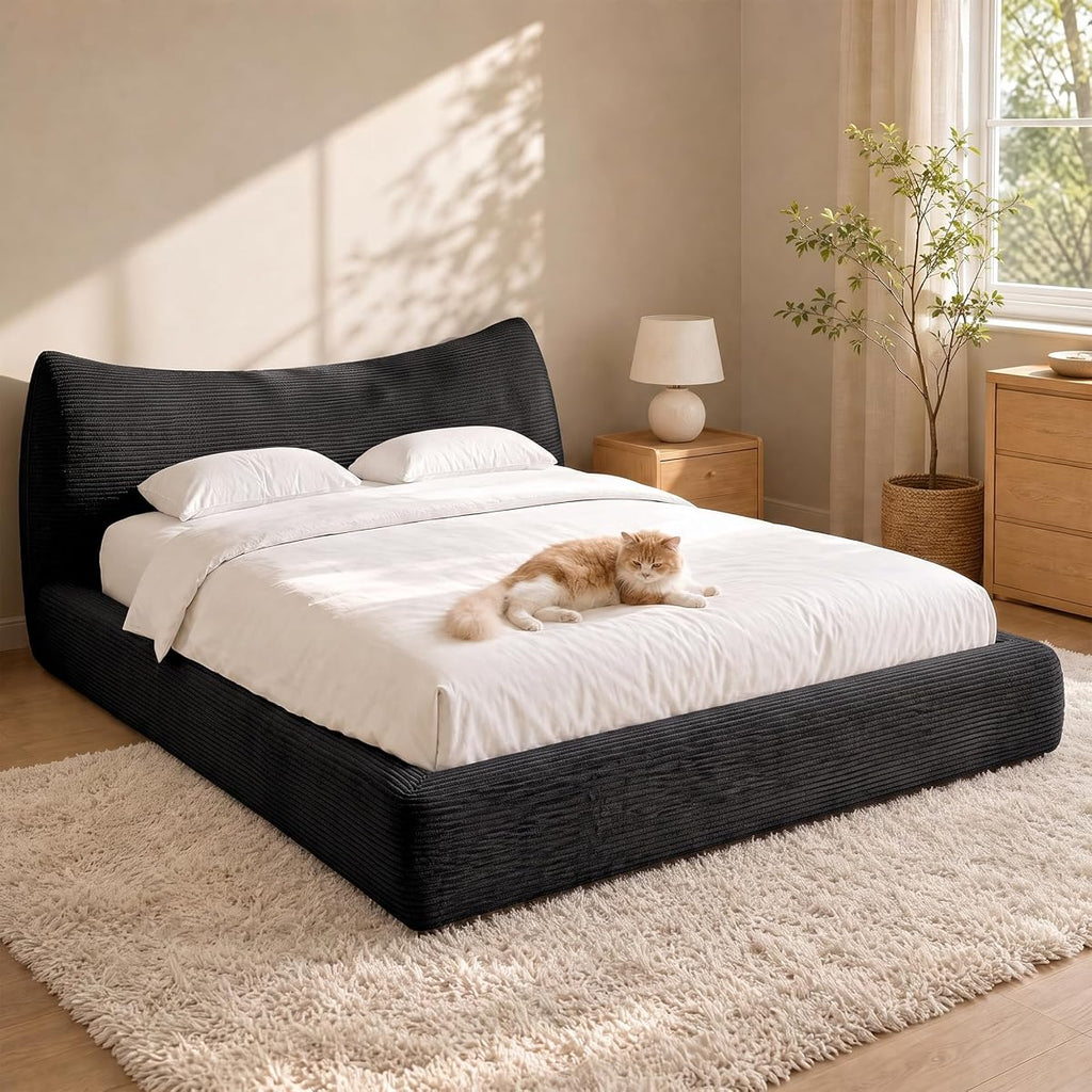 Queen Corduroy Cloud Bed Frame with Cat-Ear Design, Black