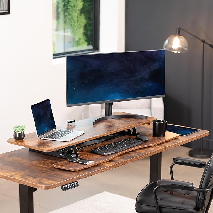 VIVO 48 inch Desk Converter, K Series, Height Adjustable Sit to Stand Riser, Dual Monitor and Laptop Workstation with Wide Keyboard Tray, Rustic Vintage Brown Top, Black Frame, DESK-V048KN