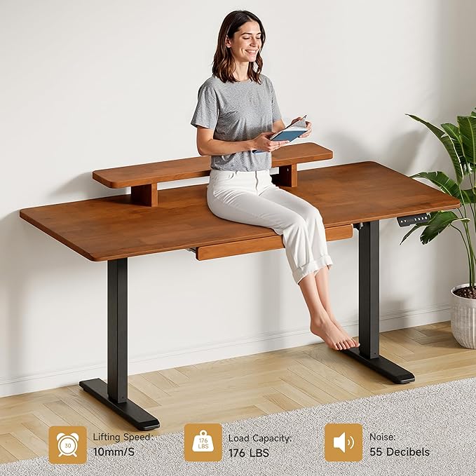 ONBRILL Standing Desk with Drawer, 55x23.6 Inches Solid Wood Desktop Stand Up Desk with Whole-Piece Board and Storage Shelf, Adjustable Height from 28-46 Inches for Home & Office, Brown