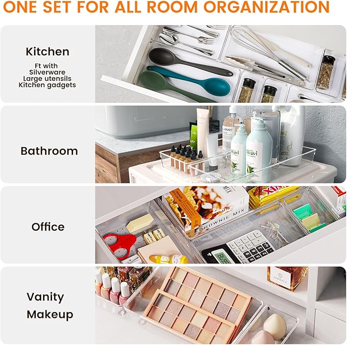 Criusia 30 Pack Large Clear Plastic Drawer Organizer Bins - Acrylic Kitchen Drawer Organization and Storage Dividers for Utensils Gadgets, Office Bathroom and Vanity Organizer for Makeup Accessoires