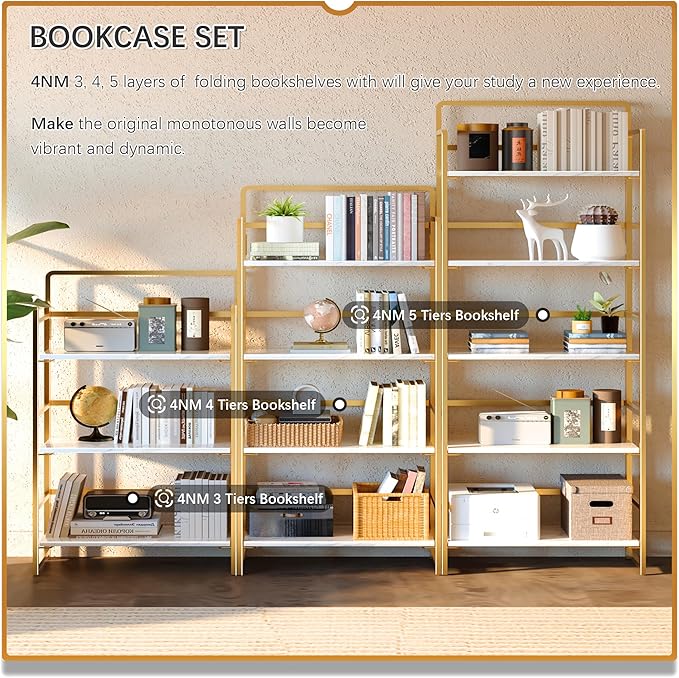 4NM No Assembly 5 Tiers Folding Bookshelf Storage Shelves Vintage Bookcase Standing Racks Study Organizer Home Office (White Gold)