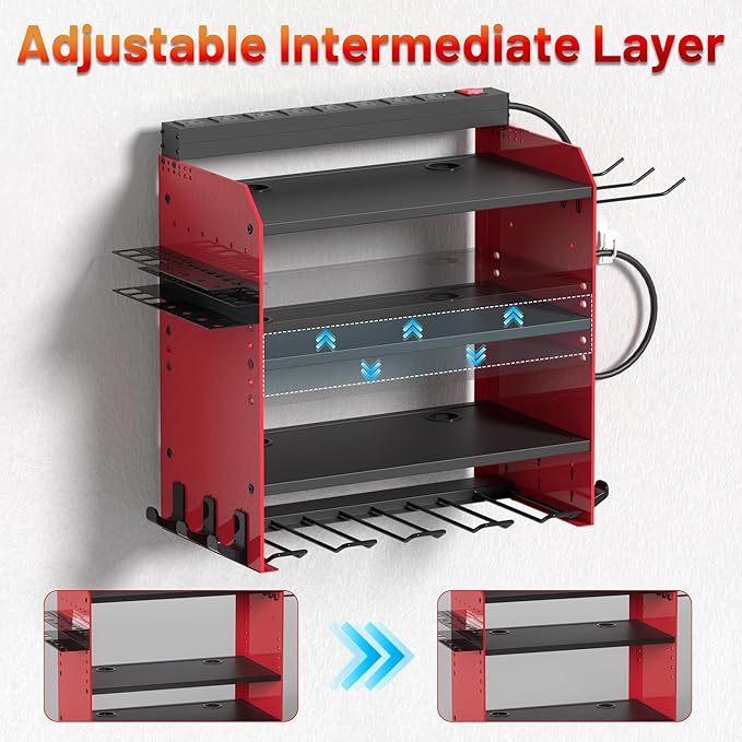 Power Tool Organizer Wall Mount with Charging Station, Garage 4 Drill Storage Shelf with Cordless Tool Holder, Heavy Duty Rack with 8 Outlet Power Strips and Hooks, Gift for Men, Husband (4 Layer)