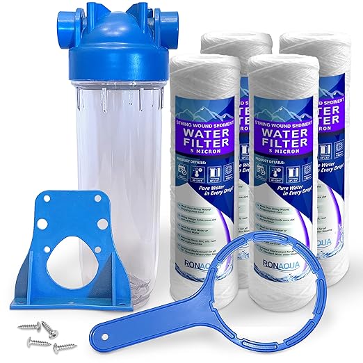 10 Inches European Design Transparent Standard Whole House Water Filter System with Presser Relief Valve, 3/4” Inlet/Outlet Brass Port and Yearly Supply (4) Wound Spring Sediment Cartridges 5 Micron
