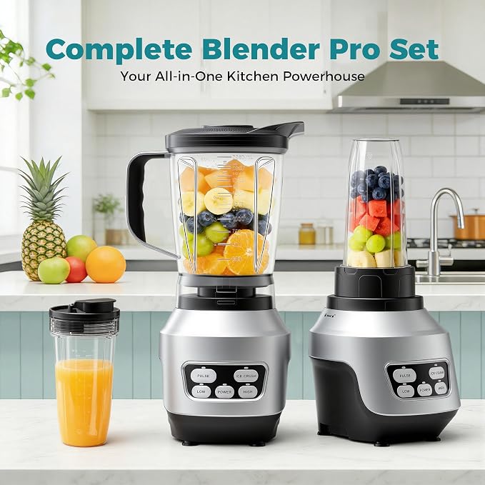 NEWBULIG Smoothie Blender for Kitchen with 6 Blades, Personal Blender for Smoothies with 24 34 60 oz BPA-Free Cups, Large Capacity, Portable and Easy Clean, for Ice Crush, Shakes, Sauces, Silver
