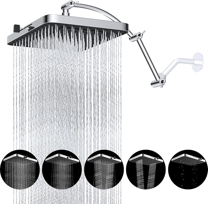 Hibbent Rain Shower Head, 13'' High Pressure Rainfall Square 5 Spray Mode Showerhead with 16" Shower Head Extension Arm, Solid Brass Adjustable Shower Arm Extender, Waterfall fixed Showerheads, Chrome