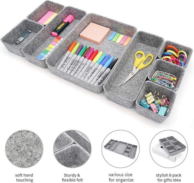 Welaxy Desk Drawer organizers tray Felt storage bins aesthetics room décor for home office dorm closet decluttering minimalist lifestyle (Gray)