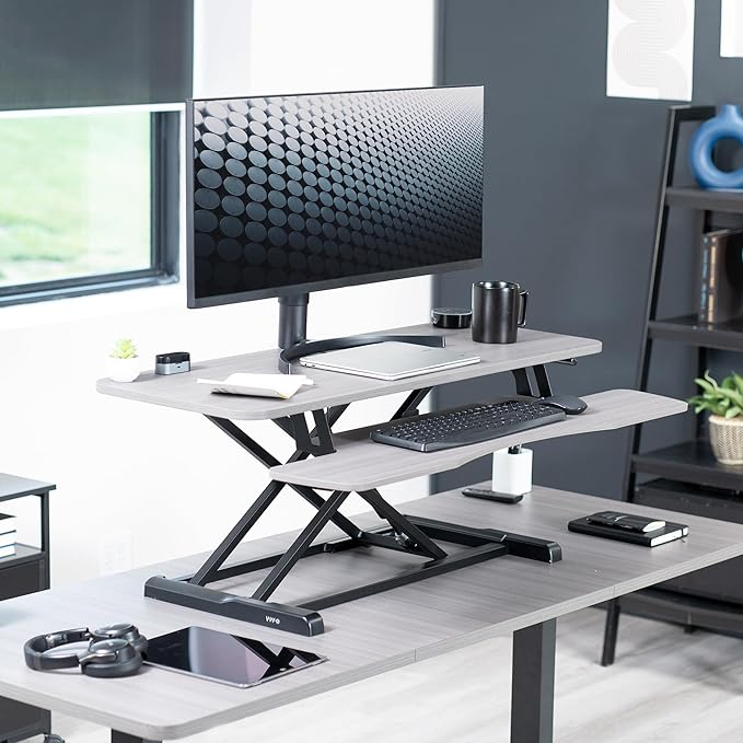 VIVO 42 inch Desk Converter, K Series, Height Adjustable Sit to Stand Riser, Dual Monitor and Laptop Workstation with Wide Keyboard Tray, Gray Top, Black Frame, DESK-V042KG