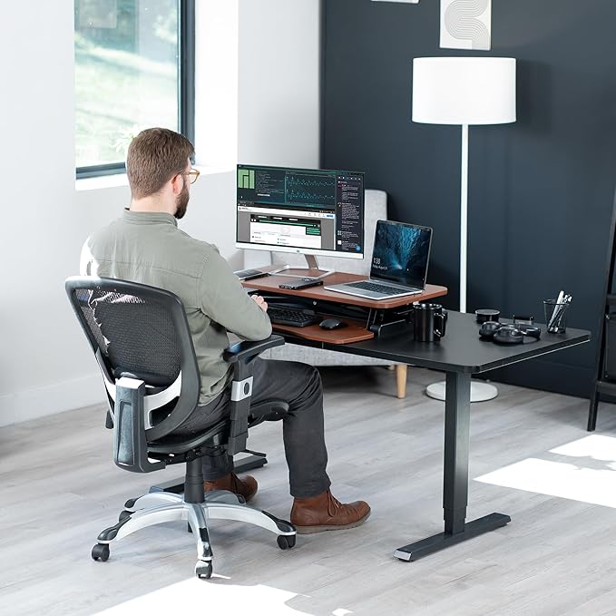VIVO 32 inch Desk Converter, K Series, Height Adjustable Sit to Stand Riser, Dual Monitor and Laptop Workstation with Wide Keyboard Tray, Dark Walnut Top, Black Frame, DESK-V000KA